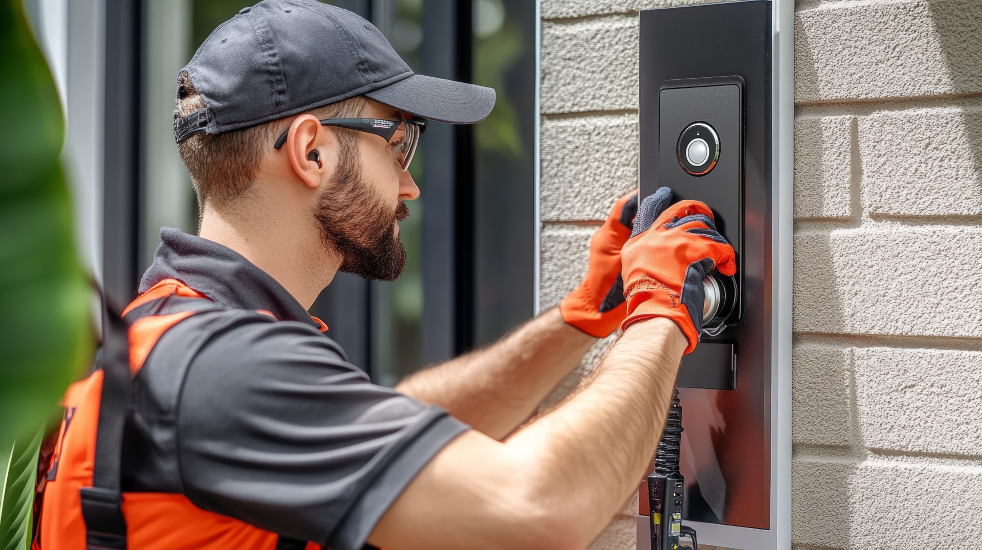 Technician installing a smart doorbell system at a residential front door